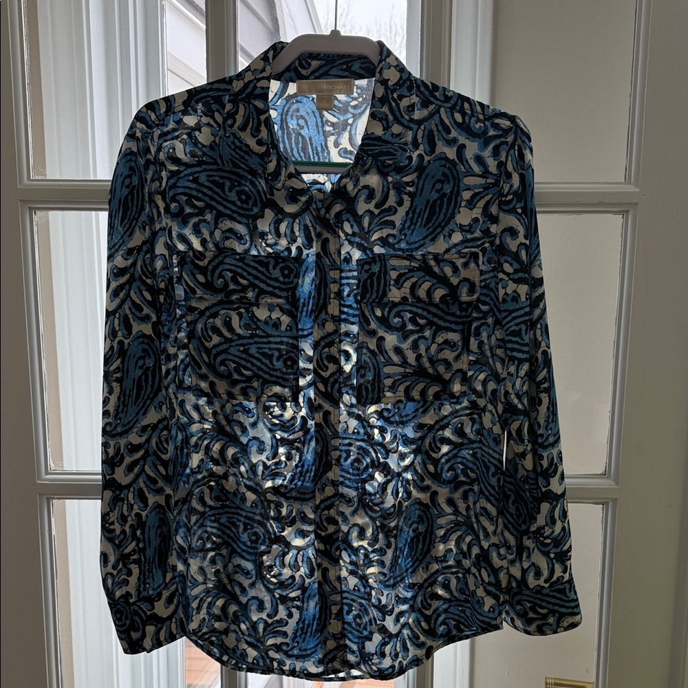 Michael Kors Blue and White Paisley Button-Down Shirt